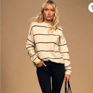 Lulus One Good Reason Cream and Black Striped Oversized Sweater small